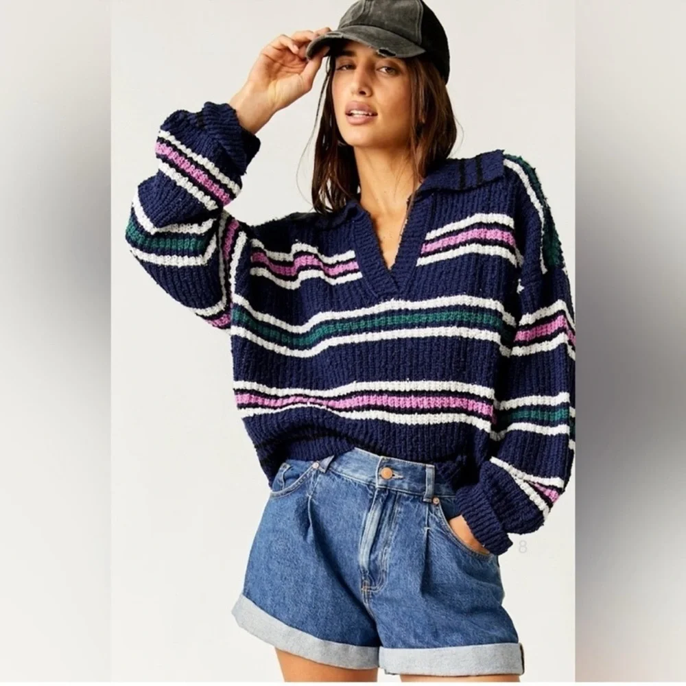 NEW Free People Kennedy Midnight Sail Stripe Navy V-Neck Knit Sweater XL
